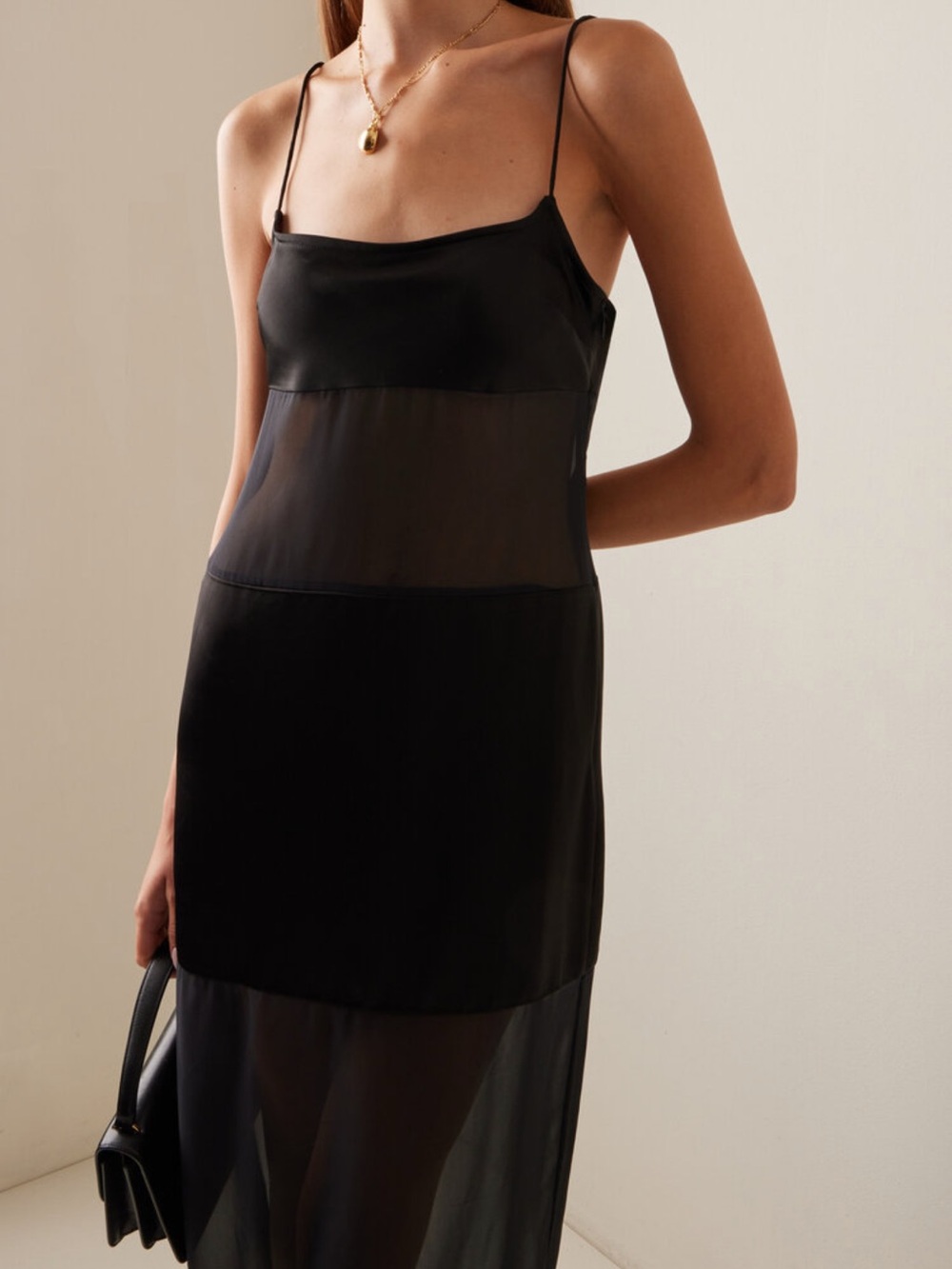 STAUD Misty Sheer-Paneled Black Slip Dress Size 8 NWT